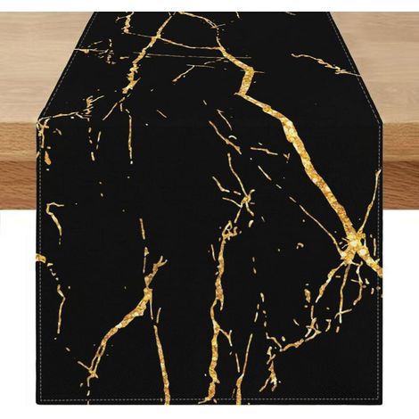Chemin de table 180x40 cm lavable aspect lin moderne noir or abstrait