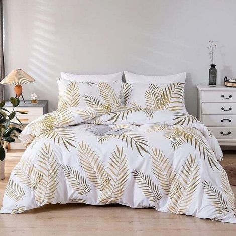 Set Housse de Couette 220x240 cm 2 Personnes et 2 x Taies d'oreiller 50x75 cm 100% Microfibre Parure de Linge de Lit Motif Feuilles Tropicales Dorées Botanique avec Fermeture Éclair, Or Blanc (1/4)