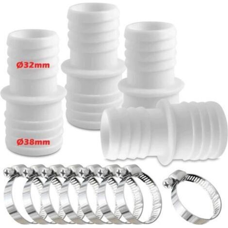 Lot de 4 raccords pour Tuyau Piscine, Raccord de Tuyau avec Colliers de Serrage, Ø 32 mm vers 38 mm de diamètre avec 8 Colliers de Serrage, Adaptateur de Tuyau de Piscine, Adaptateurs de Tuyau( (1/4)