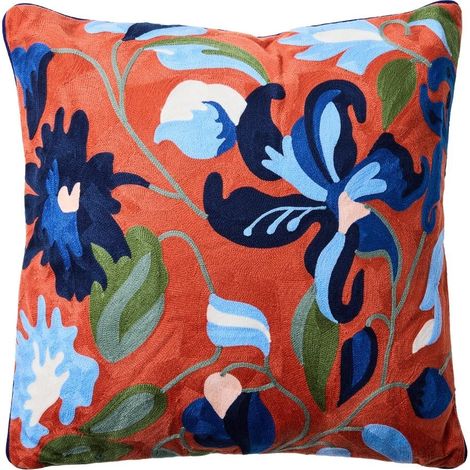 Coussin décoratif brodé fleurs bleues sur fond orange 50x50 cm Zuri