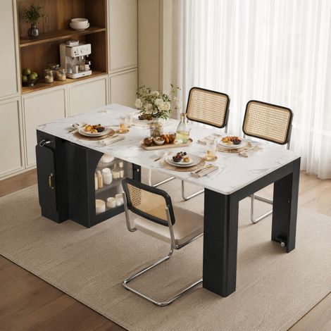 MEUBLIV Îlot de cuisine extensible sur roulettes noir et blanc avec LED et prises USB (1/5)