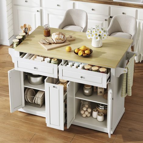 Îlot de cuisine mobile avec plan de travail rabattable, desserte, meuble de rangement avec tiroirs verticaux à deux niveaux, 2 grands tiroirs et roulettes verrouillables, 121 × 49 (69) × 89 cm (1/4)