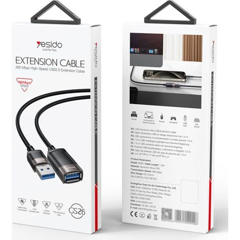 Cable de extensión Yesido USB-A macho a hembra, 1,5 m - Negro