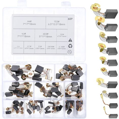 Lot de 60 balais de charbon de 10 tailles pour outils électriques, balais de charbon de rechange pour meuleuse d'angle, perceuses, scies circulaires et moteurs électriques (1/5)