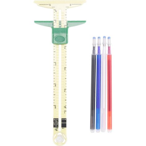 Gabarit de couture coulissant en forme de T, utilisant 4 couleurs de stylo effaçable thermique pour tissu, outil de mesure 5 en 1 (1/5)