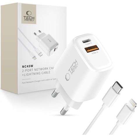 TECH-PROTECT NCA45W-GAN CARICABATTERIE DI RETE A 2 PORTE PD 45W / QC3.0 + CAVO LIGHTNING BIANCO (1/5)