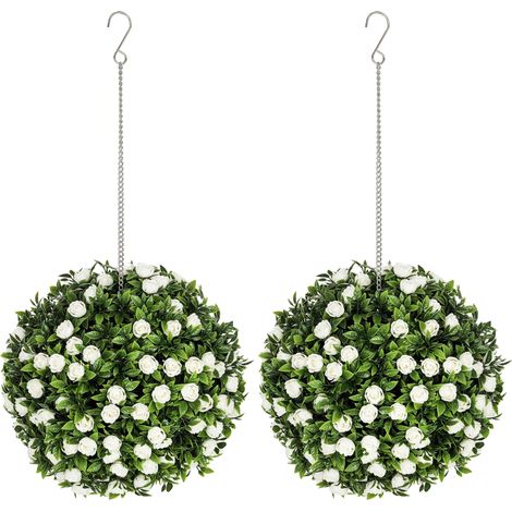 Set of 2 Decorative Artificial Plants, UV-protected Artificial Plant Topiary Rose Balls, Fake Plants for Home Indoor outdoor Decor, 28cm, White (1/5)