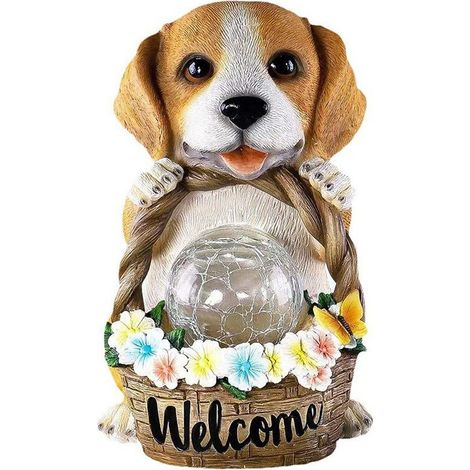 Statue solaire de jardin chien avec panier de fleurs – décoration extérieure lumineuse – pour maison et jardin