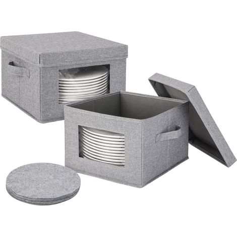 Relaxdays Teller Aufbewahrung, 2er Set, 12 Filzeinlagen, Tragegriffe, Sichtfenster, HxBxT: 20,5 x 30,5 x 30,5 cm, grau (1/5)