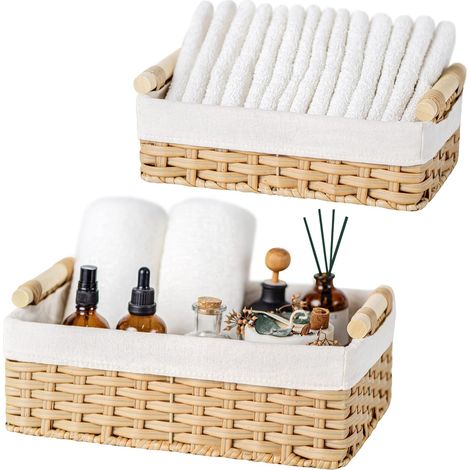 Paniers Rangement Osier, Paniers et Boîtes de Rangement avec Poignées, Paniers pour Étagères Décoration, Panier Osier Rectangulaire, Panier Rangement Salle de Bain, Jaune (1/5)