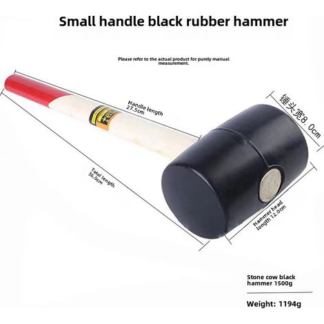Marteau en caoutchouc Stone Cow noir, marteau en caoutchouc avec manche en bois, tête ronde en plastique anti-vibration, marteau en caoutchouc spécial pour matériaux fragiles (1500 g à 40) (1/5)