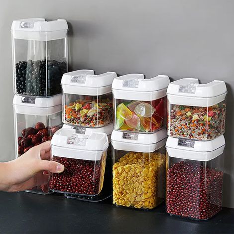Seven-piece Kitchen Storage Box with Glossy White Lid and Transparent Plastic (1/5)