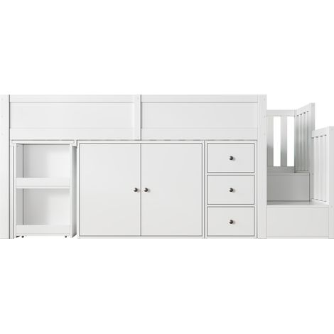 Cama alta infantil multifuncional de MDF blanco 90 x 200 con escritorio y almacenaje (1/5)