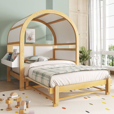 Lit cabane 140x200 cm, lit extensible avec couchage d'appoint, toit arqué, rangement latéral, sommier à lattes, pin et MDF, blanc et naturel (1/5)