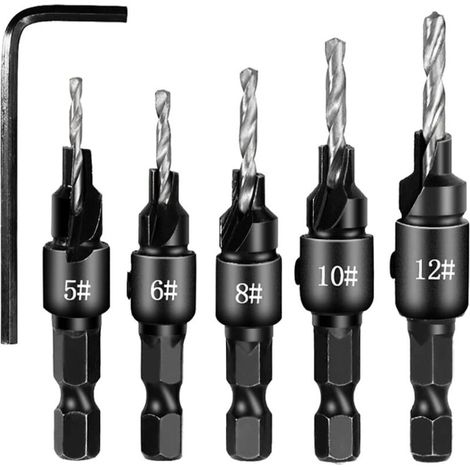 Set di 5 punte svasate a sgancio rapido, attacco esagonale da 1/4", punte da trapano regolabili con chiave esagonale a cambio rapido, legno, sega a tazza per lavorazione del legno