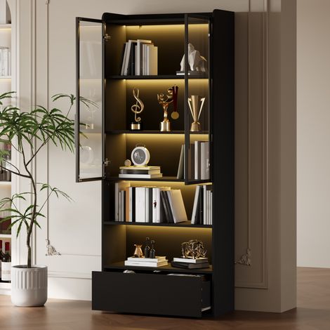 Hohe Vitrine 80 x 34 x 180 cm mit 1 Schublade, Glastüren, LED, schwarz HAVRYA (1/5)