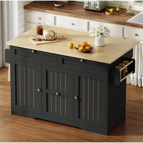 Isla de cocina móvil 120x70(45+25)x92 cm con encimera abatible, almacenamiento y ruedas con freno, MDF negro (1/5)