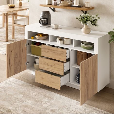 Sideboard 140x40x85 cm Weiß und Natur aus Spanplatte mit 3 Schubladen, 2 Türen und offenen Fächern (1/5)