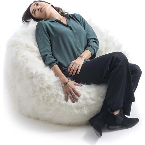 Pouf Fauteuil Rond XL Intérieur En Fourrure poil long Blanc, Déhoussable, Pour Salon, chambre - TiTAN (1/5)