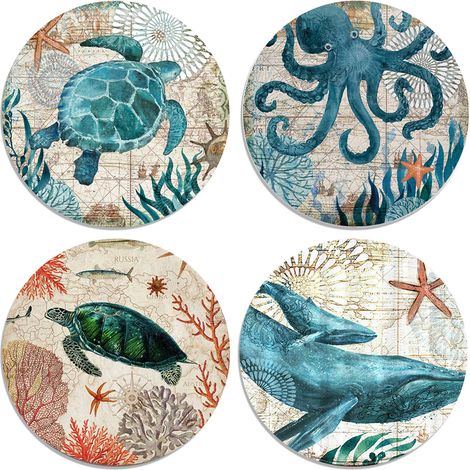 Dessous de verre absorbants avec supports, base en liège céramique absorbante, lot de 4 sous-verres (thème vie marine) en cadeau d'anniversaire ou de pendaison de crémaillère (1/5)