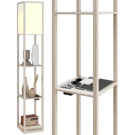 Lampe sur pied avec étagères, Luce Regolabile, interrupteur à pédale et Porte USB, blanc et Rovere - Ce luminaire de haute qualité allie design élégant et fonctionnalité optimale, parfait pour embe... (1/5)