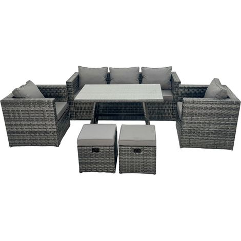 Fimous Gris foncé mixte Salon de Jardin Extérieur en Résine avec Fauteuil Table à manger rectangulaire 2 Petits tabourets 7 places (1/5)