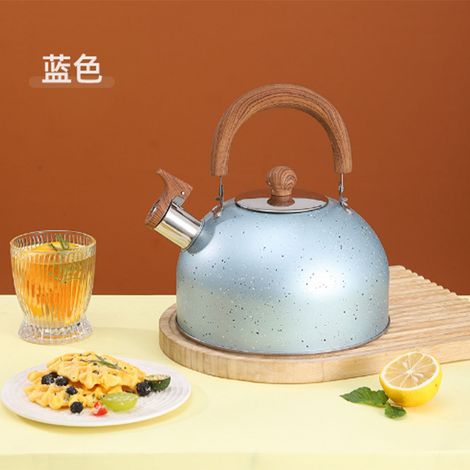 Bouilloire en acier inoxydable avec sifflet, grande capacité, fond plat, compatible avec les plaques de cuisson à gaz et à induction, 2 L, bleue. (1/5)