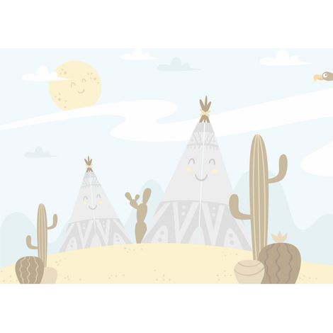 papier peint panoramique désert avec cactus bleu clair et beige  - Sanders & Sanders (1/4)