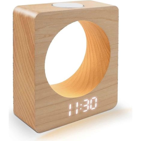 Réveil numérique élégant en bois avec 3 alarmes, luminosité réglable et veilleuse multifonctionnelle. (1/5)