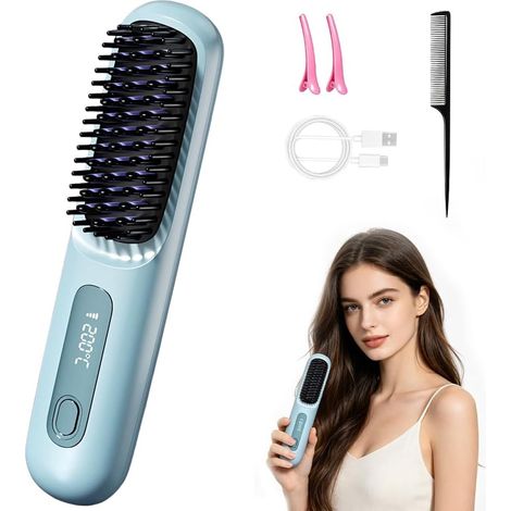 Brosse à Lisser Sans Fil, Brosse Coiffante Sans Fil Pour Cheveux Courts Avec Écran LED Et 3 Réglages De Température, Brosses Électrique En Céramique (Bleu) (1/5)