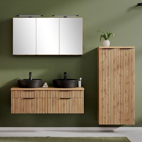 Badmöbel Set 3-teilig inkl. Doppelwaschtisch 120cm in Eiche, Fronten gestreift, LIVINGSTON-03 (1/5)