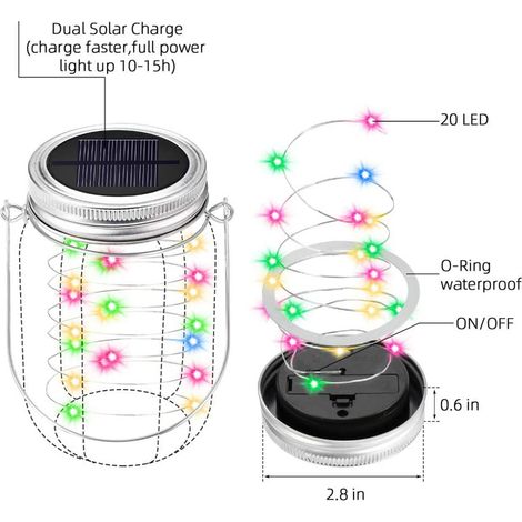 Guirlande lumineuse solaire à LED (20 LED) pour couvercles de bocaux en verre, comprenant 6 couvercles et 6 supports de suspension pour décoration extérieure (bocaux non inclus). (1/5)