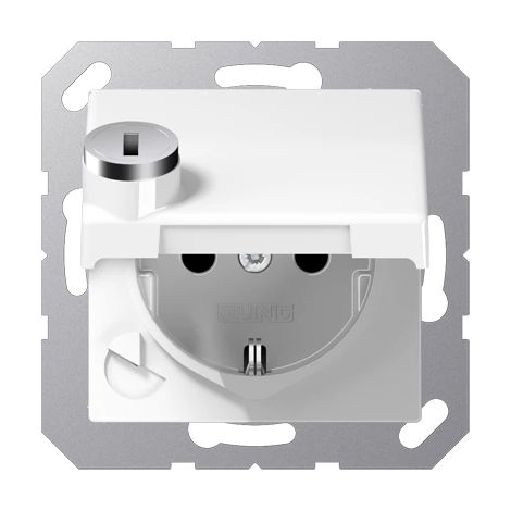 Jung Toma de corriente SCHUKO®, 16 A 250 V , SAFETY+, tapa abatible, con cerradura de seguridad, termoplástico, serie AS, blanco alpino AS 1520 BFKLSL WW