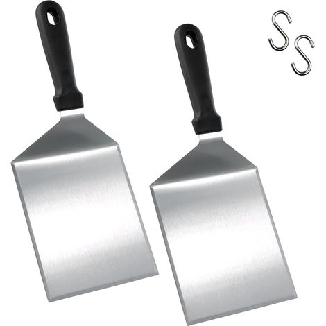Spatule Plancha Inox - Lot de 2 - Acier Inoxydable - Bord Biseauté - Barbecue et Cuisine - Manche Ergonomique (1/5)