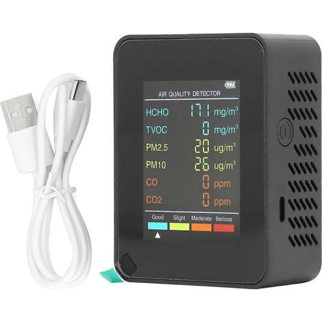 Tragbarer Luftqualitätsmonitor mit LCD-Hintergrundbeleuchtung, CO2-, TVOC-, HCHO-, PM2,5- und PM10-Detektor mit Alarmfunktion, Schwarz