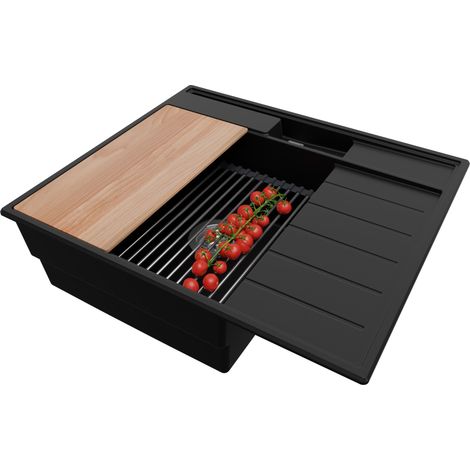 PRIMAGRAN Evier Cuisine en Granit 62x53cm, Lavabo 1 bac + Kit de Vidage + Accessoires, Évier à Encastrer au meuble 45cm - Sydney Pocket, Noir (1/5)