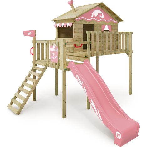 Wickey Smart Wave aire de jeu en bois avec toboggan et bac à sable en rose clair