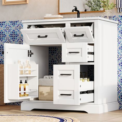 Meuble de Salle de Bain sur Pied - avec Vasque Céramique Intégrée, 2 Tiroirs et Portes Soft-Close - meuble lavabo Blanc - 76x47x82 cm (1/5)