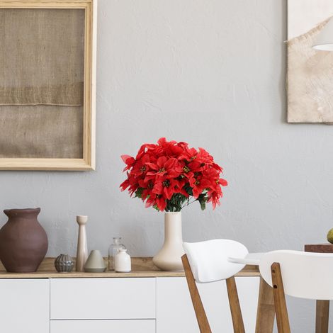 5 poinsettias artificiels, hauteur 35 cm, 7 fleurs, diamètre 10 cm, buisson de poinsettias artificiels pour mariage, scène, salon, rouge (1/5)
