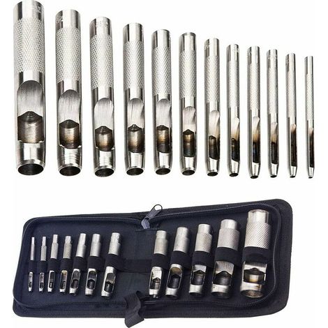Emporte-pièce Poinçon Creux en Cuir Kit d'Outil de Poinçonnage,pour le Cuir, Bande de Montre, Toile, Oeillet 3mm-19mm (Métal)   12 Pcs (1/5)