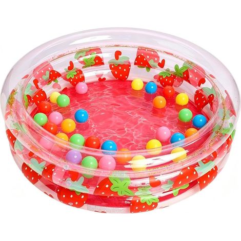 Piscine gonflable transparente pour enfants avec imprimé fraise et paillettes, piscine de jeu compacte en PVC à 3 anneaux d'air pour jeux de sable et d'eau intérieurs et extérieurs (1/5)