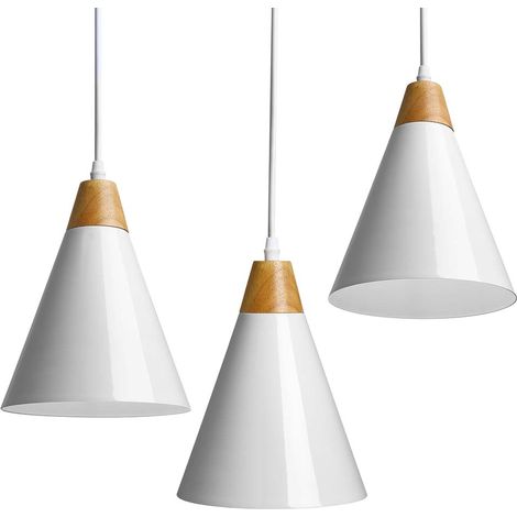 Set 3 Lampadari Sospensione Moderno Design Lampada Metallo Legno Bianco E27 (1/4)