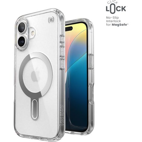Speck Presidio Perfect-Clear ClickLock & MagSafe - Custodia per iPhone 16 (Trasparente / Finitura cromata / Argento sereno) (1/5)