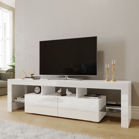 ELEGANT Modern High Gloss TV Stand Cabinet with LED Light Living Room Bedroom Furniture Television Unit TV Cabinet for Media Storage 1600mm White TV cabinet Style 2
