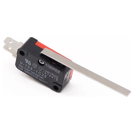 Miniature travel switch V-153-1C25, red and black, long handle, lever, push-button type, three-legged switch. (1/4)
