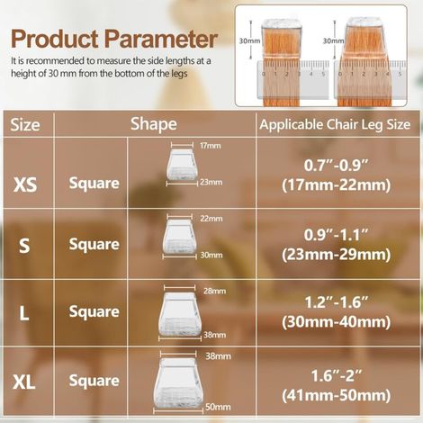 24 pièces Protection Pied de Chaise Carré, Patin de Chaise Protections Tampon de Sol, Protections de Sol en Silicone Transparent, réduire Les Rayures (19-25mm) (1/4)