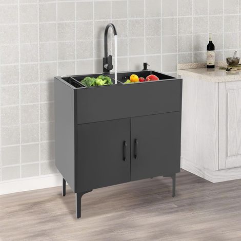 Évier de cuisine autoportant avec meuble bas et robinet, évier en acier inoxydable avec 1 bac, égouttoir et unité d'évacuation, pour cuisine, jardin, extérieur, atelier, buanderie, camping (noir)