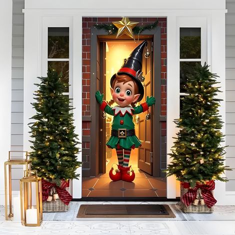 Nouvelle décoration de porte de Noël, motif Père Noël, pour jardin, cour ou extérieur - 90 x 180 cm (perforée + ruban) - Lot de 2
