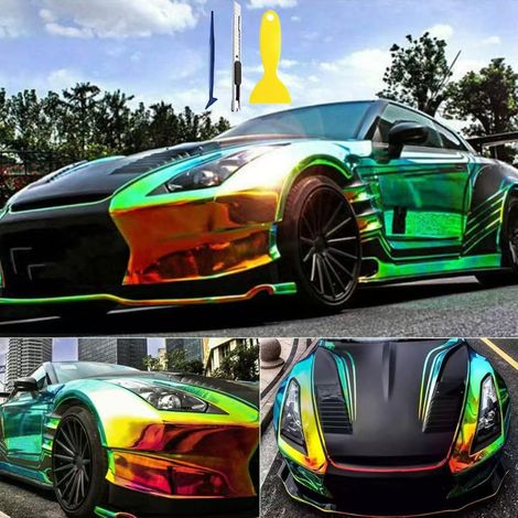 Film vinyle adhésif holographique arc-en-ciel chromé pour voiture, film autocollant brillant sans bulles d'air, DIY (vert, 1 ft x 4,5 ft)