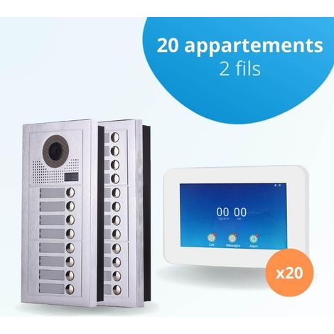 Portier interphone vidéo MODERN 2 Fils - 20 appartements - 20 écrans tactiles connectés 7" blanc (1/4)